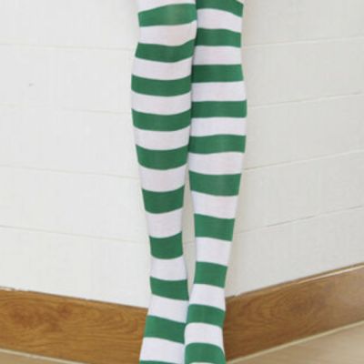 Green White Thigh high Long Socks Stripes Elf St. Patrick's Day Fashion One Size